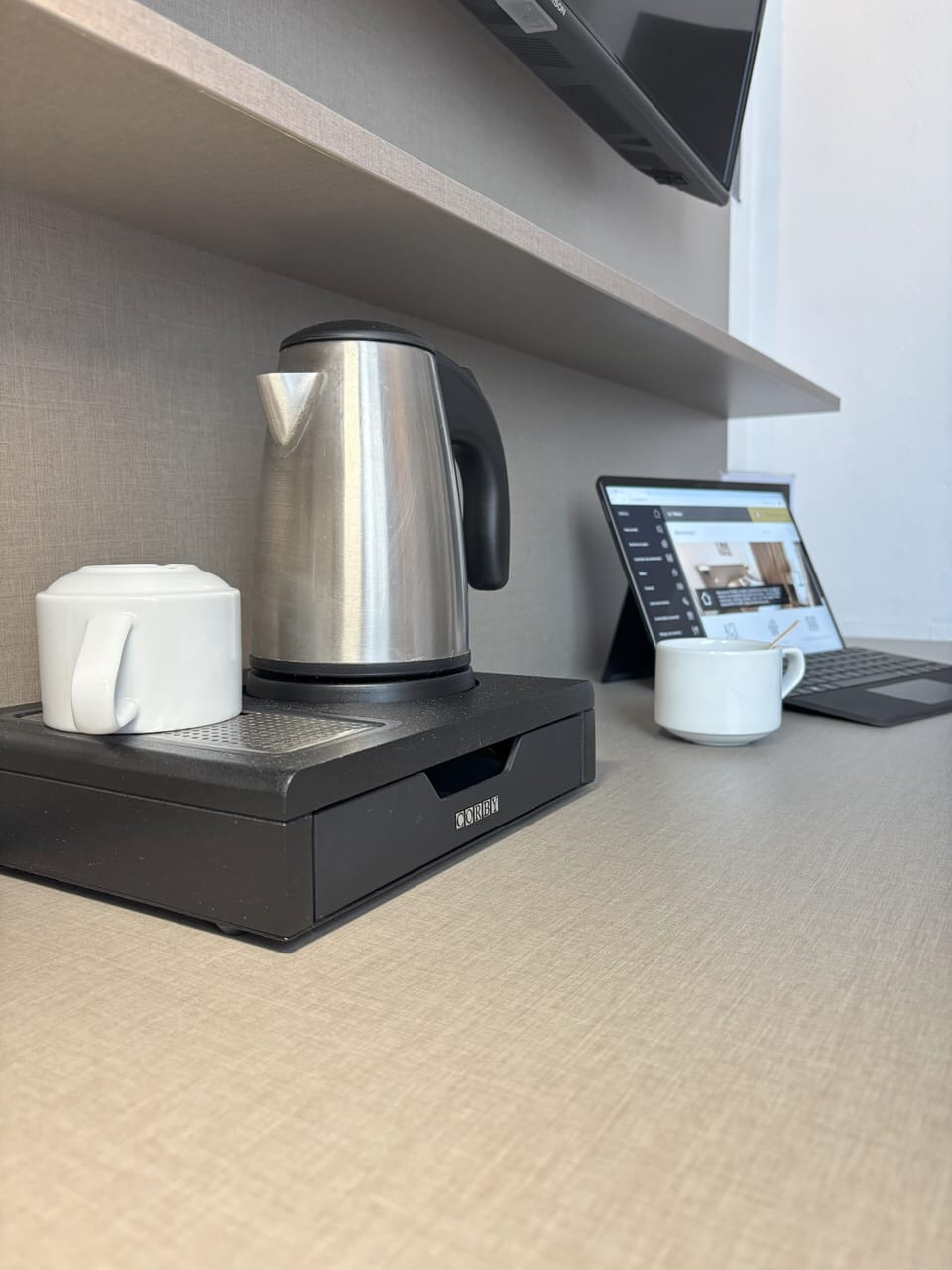 Minibar, desk, laptop workspace, soundproofing