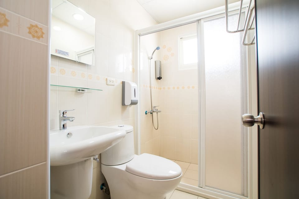 Shower, free toiletries, hair dryer, slippers