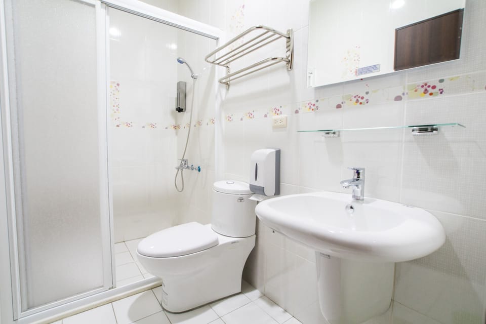 Shower, free toiletries, hair dryer, slippers