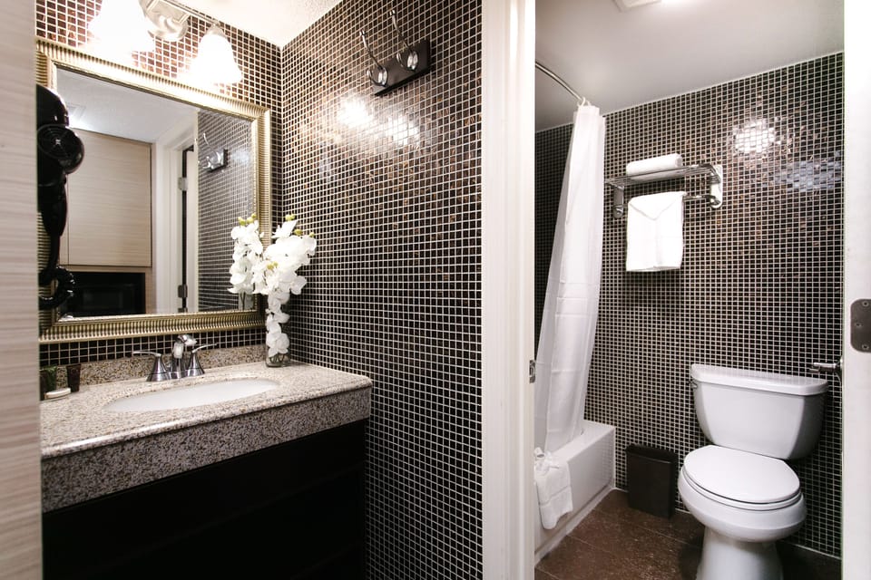 Combined shower/tub, hair dryer, towels