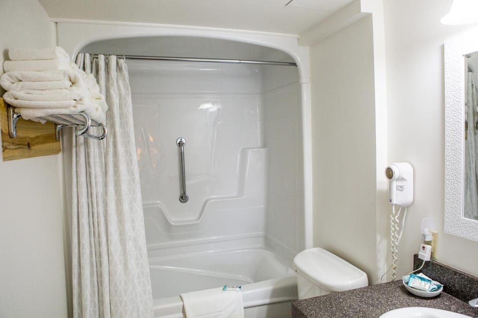 Combined shower/tub, free toiletries, hair dryer, towels