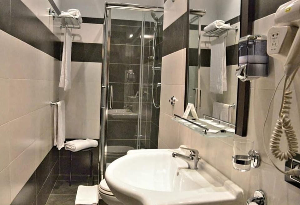 Shower, free toiletries, hair dryer, towels