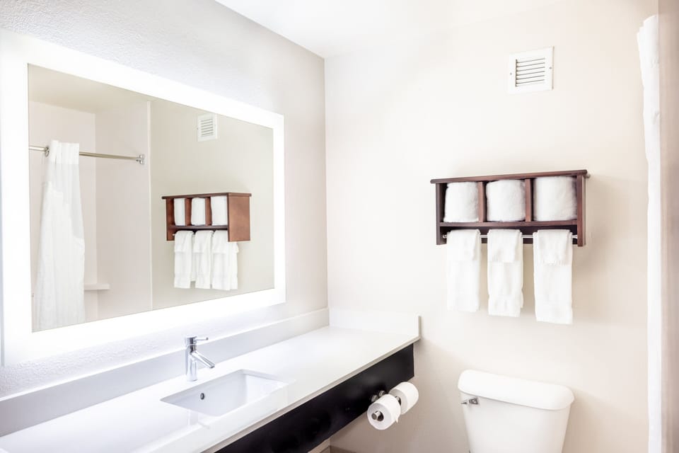 Combined shower/tub, free toiletries, hair dryer, towels