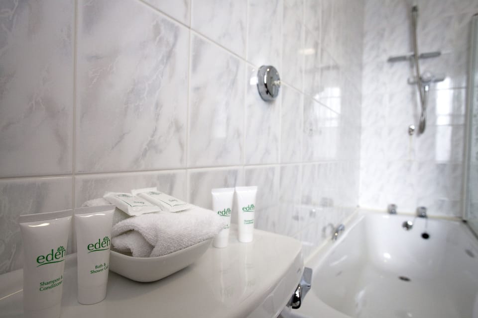 Combined shower/tub, free toiletries, hair dryer, towels