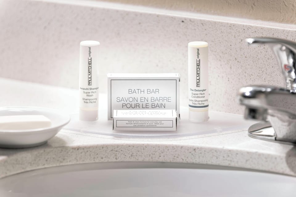Combined shower/tub, free toiletries, hair dryer, towels