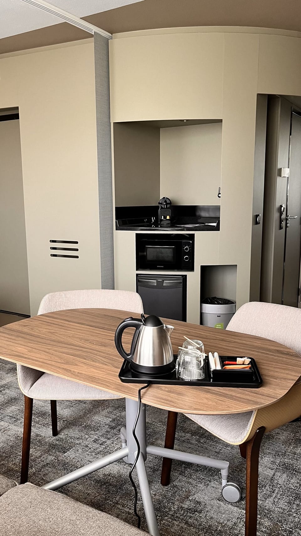 Mini-fridge, microwave, coffee/tea maker, electric kettle