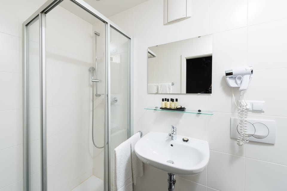 Shower, free toiletries, hair dryer, towels