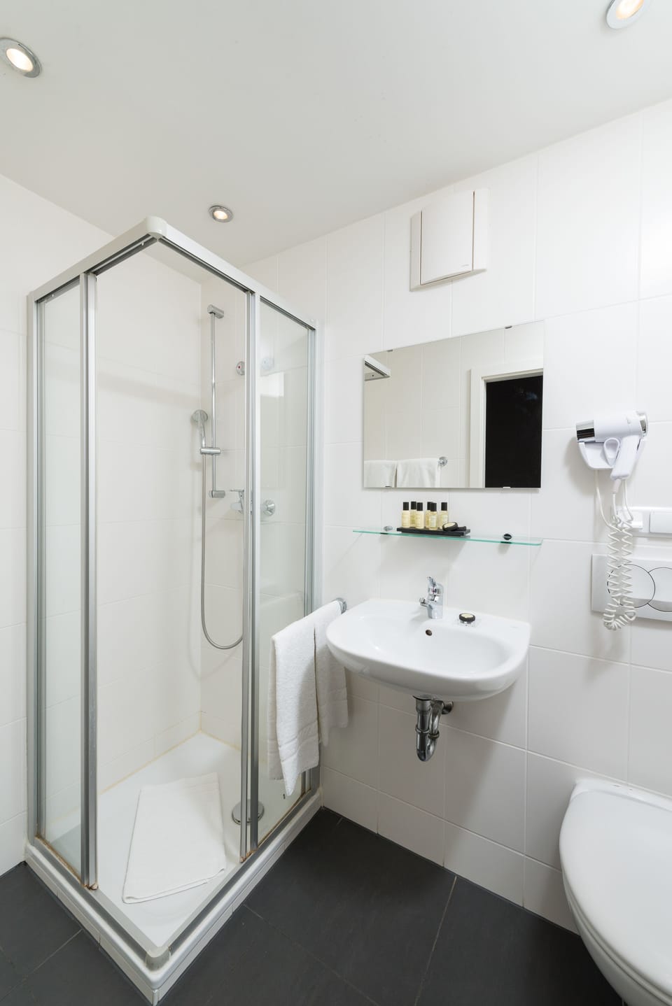 Shower, free toiletries, hair dryer, towels