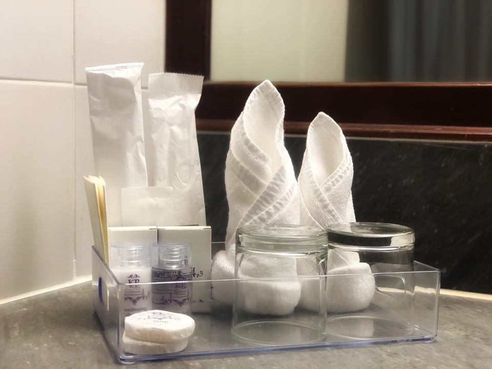Combined shower/tub, free toiletries, hair dryer (on request), slippers