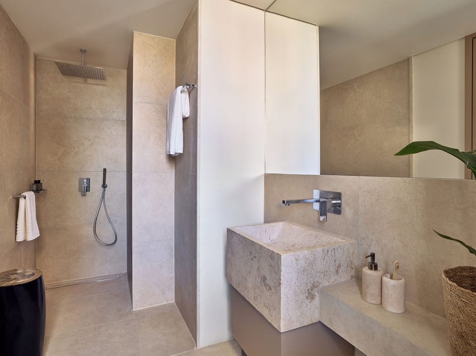 Shower, free toiletries, towels