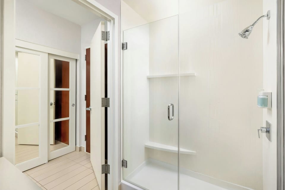 Combined shower/tub, free toiletries, hair dryer, towels