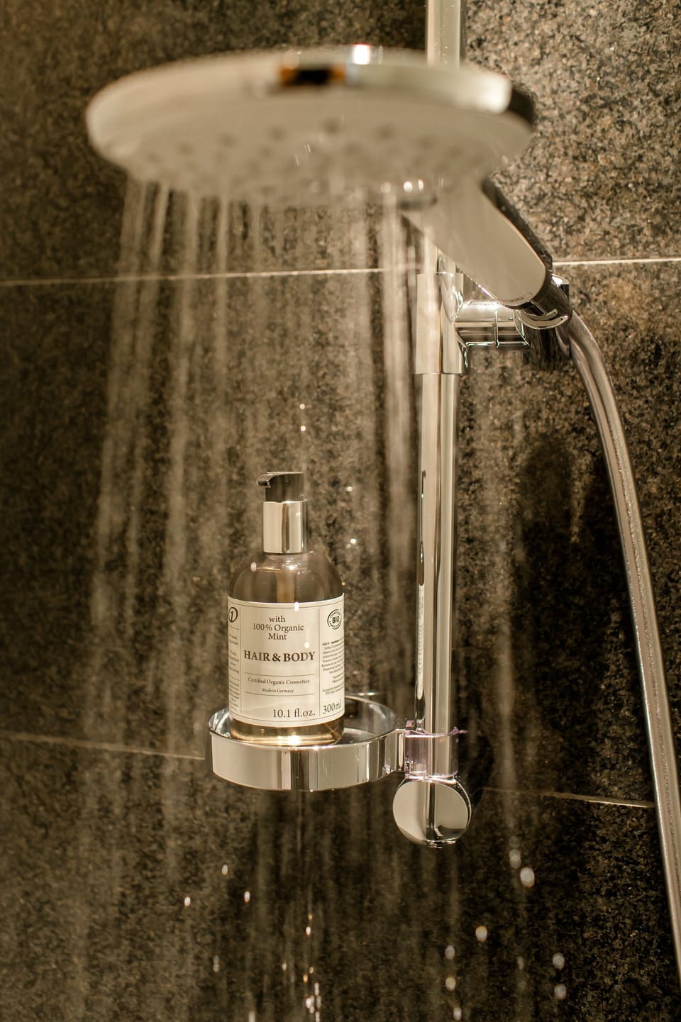 Shower, rainfall showerhead, hair dryer, towels