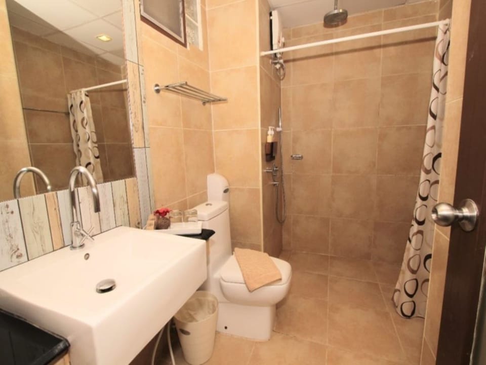 Shower, free toiletries, hair dryer, bathrobes