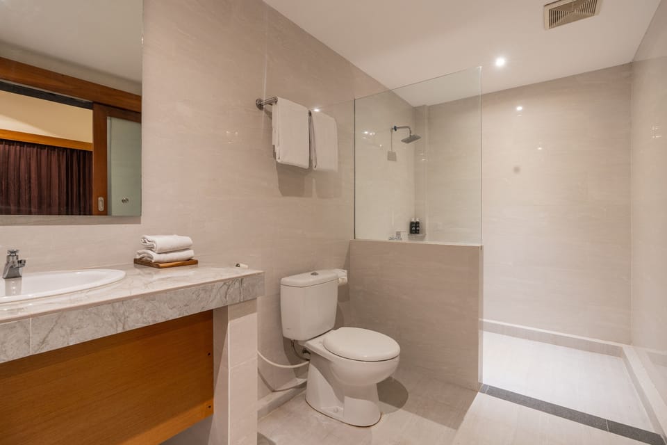 Shower, hydromassage showerhead, free toiletries, towels
