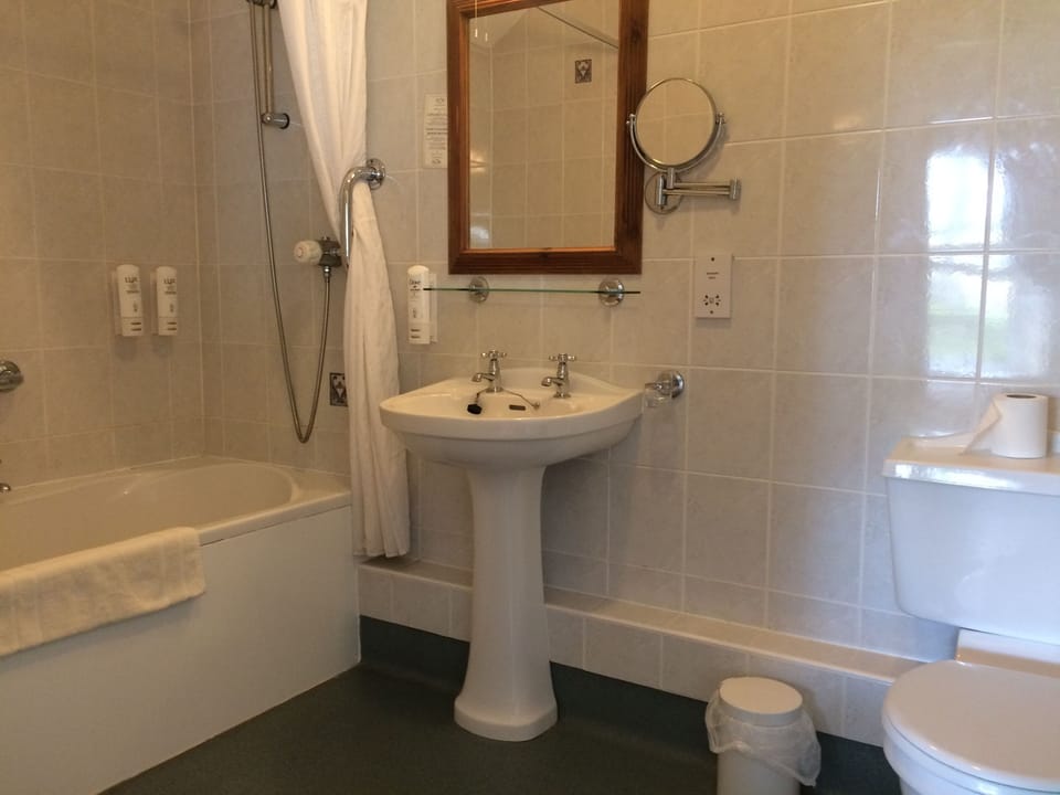Combined shower/tub, free toiletries, hair dryer, towels