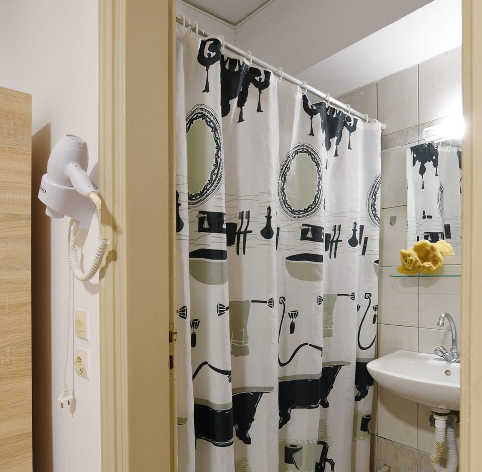 Shower, free toiletries, hair dryer