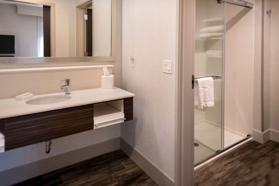 Combined shower/tub, free toiletries, hair dryer, towels