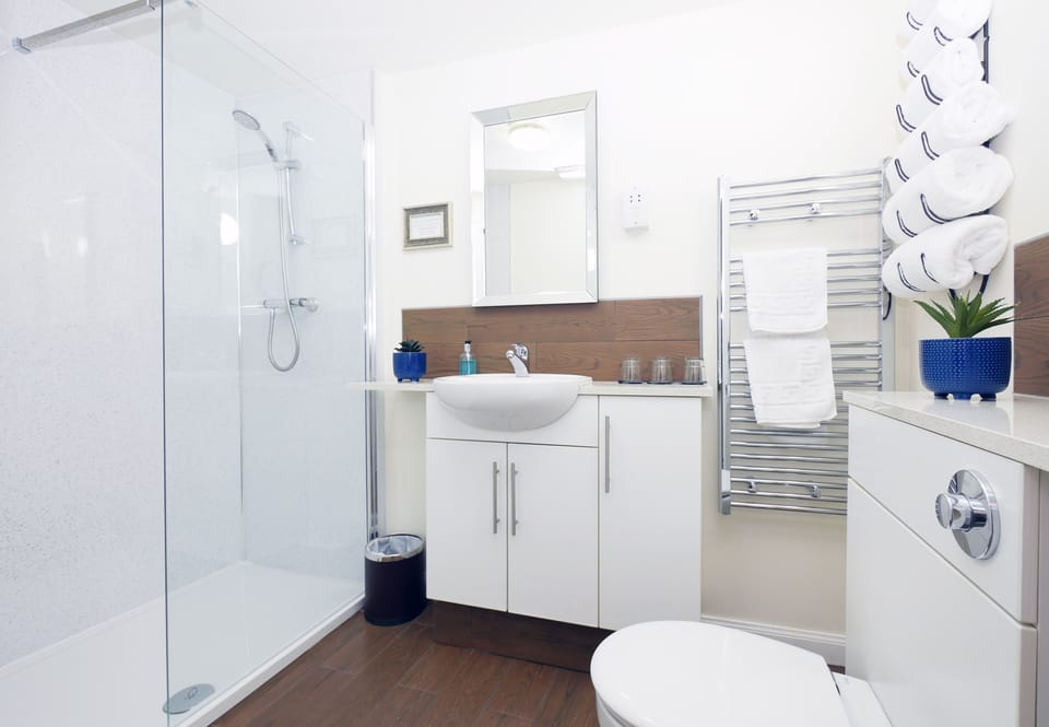 Shower, hydromassage showerhead, free toiletries, hair dryer