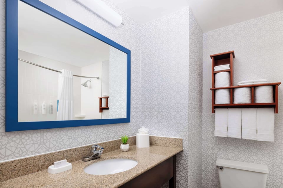 Combined shower/tub, free toiletries, hair dryer, towels