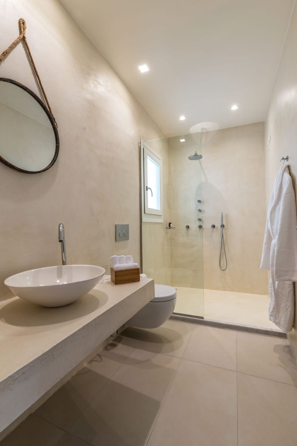 Shower, hydromassage showerhead, designer toiletries, hair dryer