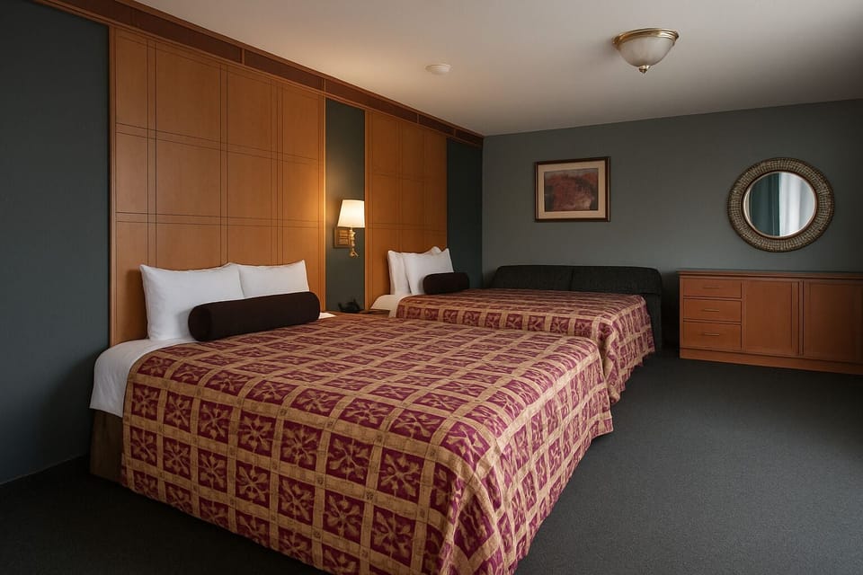 Premium bedding, desk, laptop workspace, blackout drapes