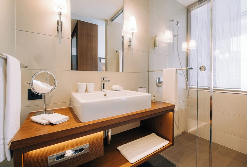 Hair dryer, bathrobes, towels, soap