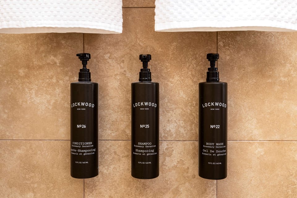 Combined shower/tub, free toiletries, hair dryer, towels