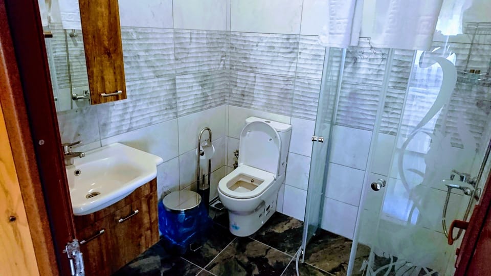 Shower, hair dryer, slippers, towels