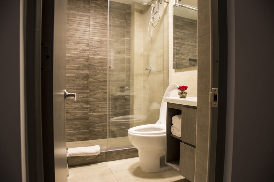 Shower, free toiletries, towels, soap