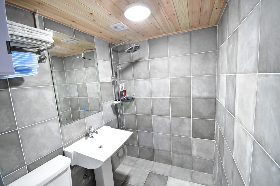 Shower, hair dryer, slippers, towels