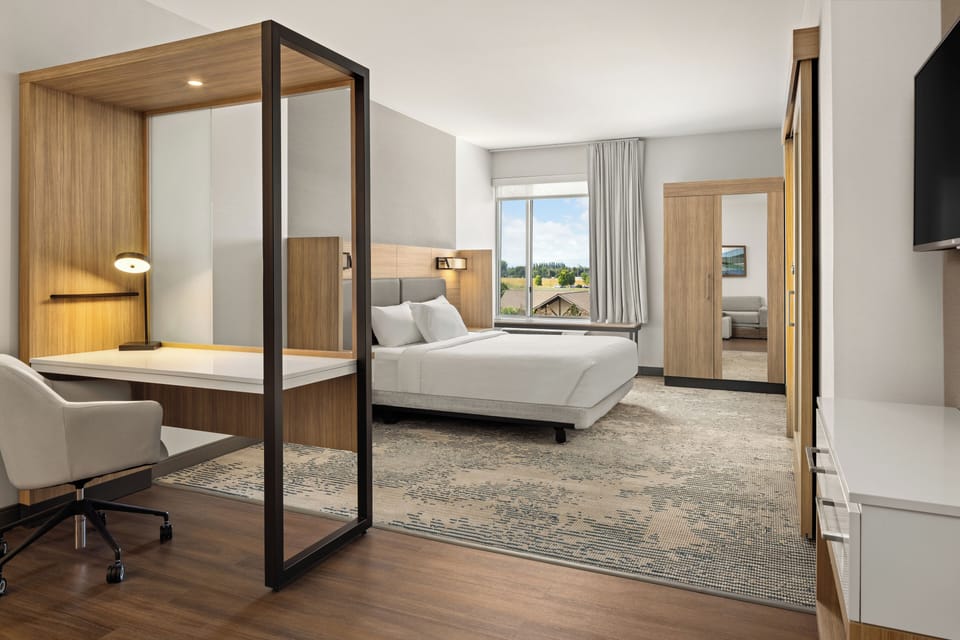 1 bedroom, desk, blackout drapes, iron/ironing board