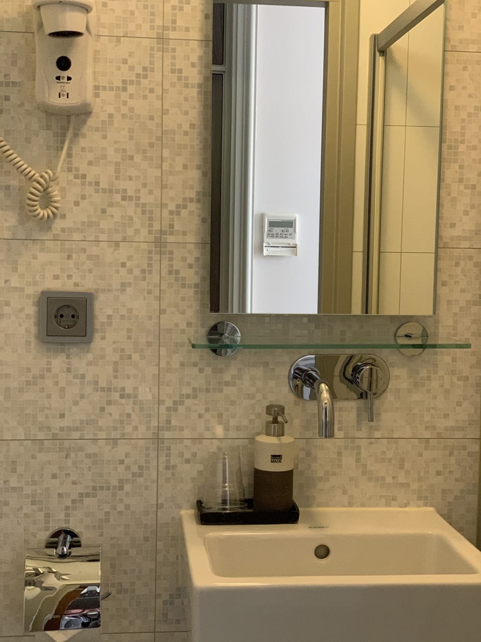 Shower, rainfall showerhead, hair dryer, towels