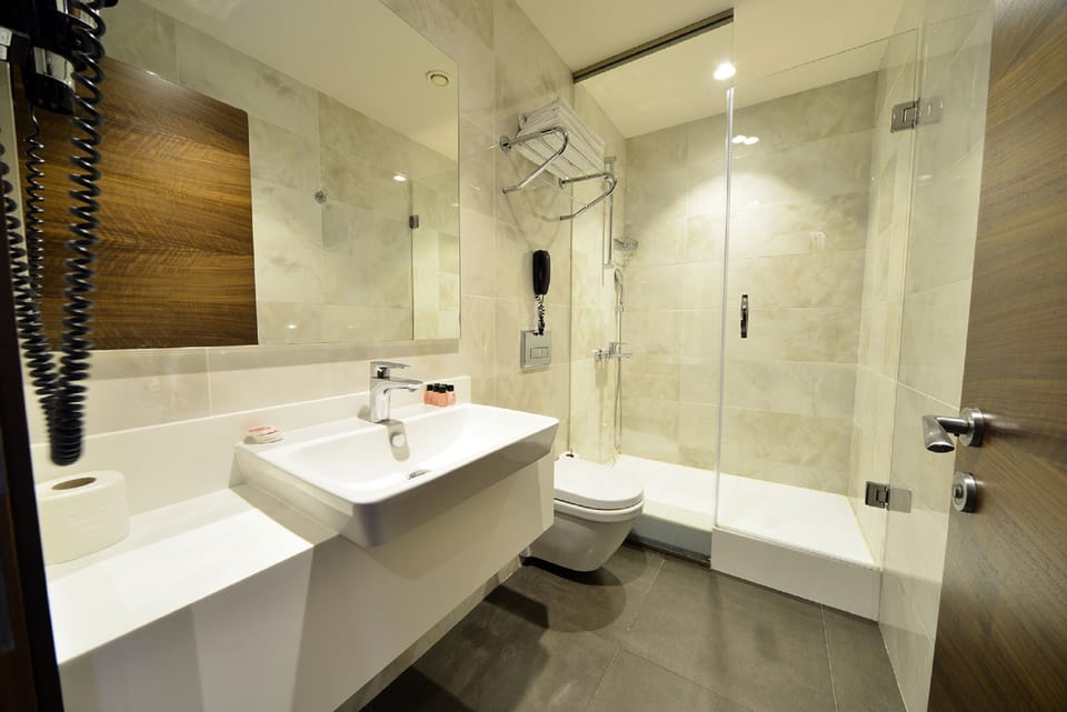 Shower, free toiletries, hair dryer, slippers