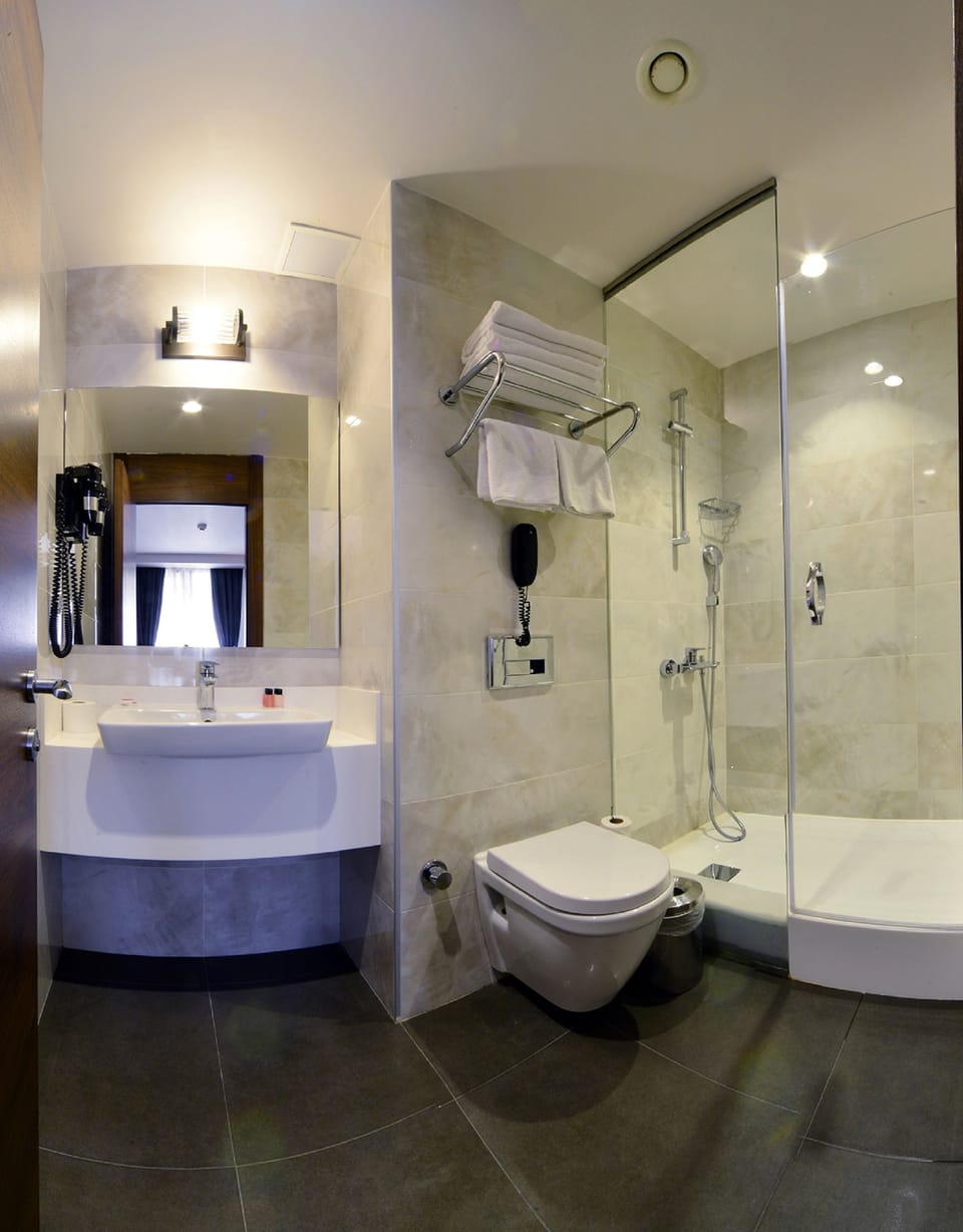Shower, free toiletries, hair dryer, slippers