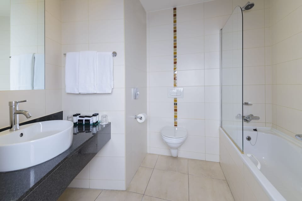 Combined shower/tub, free toiletries, hair dryer, towels