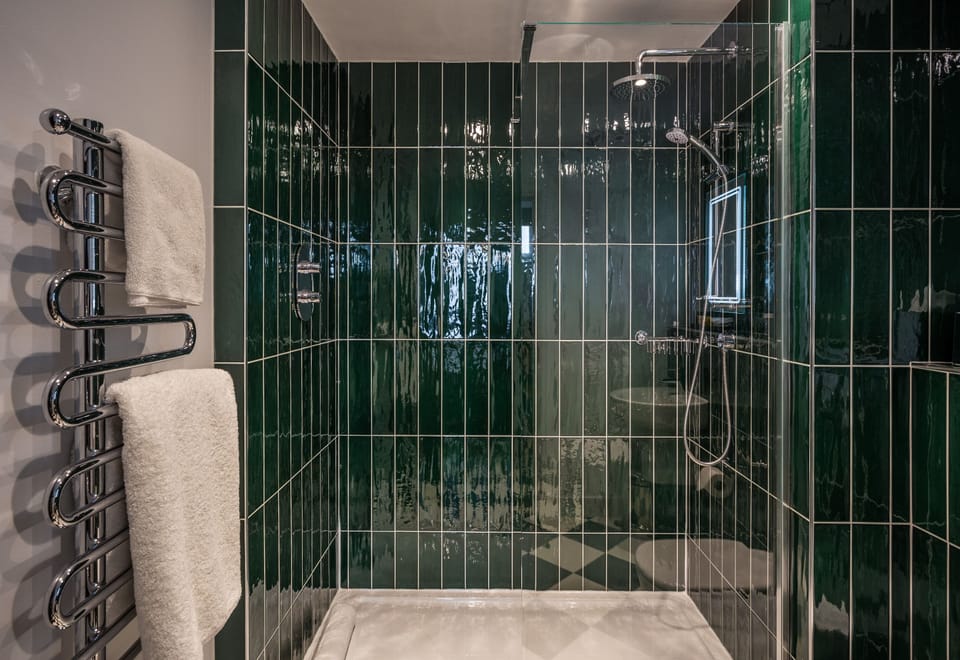 Designer toiletries, hair dryer, towels