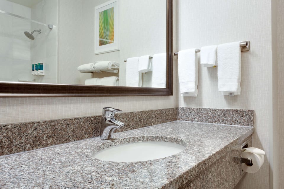 Combined shower/tub, free toiletries, hair dryer, towels