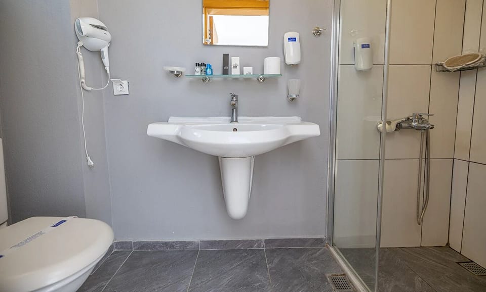 Shower, free toiletries, hair dryer, towels