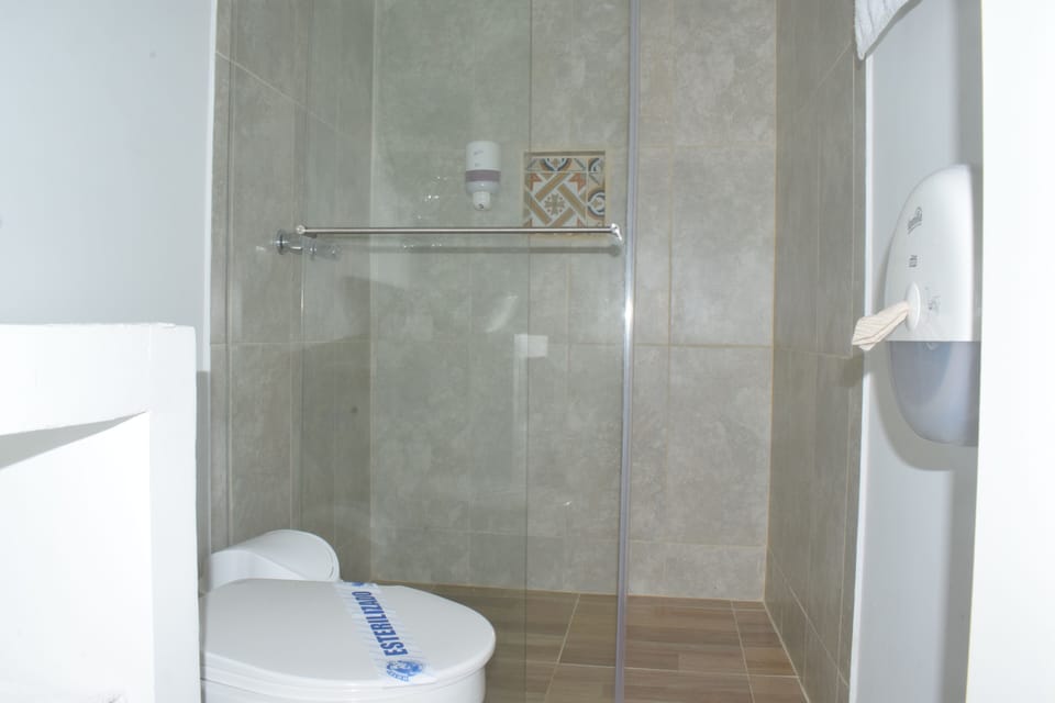Shower, rainfall showerhead, towels