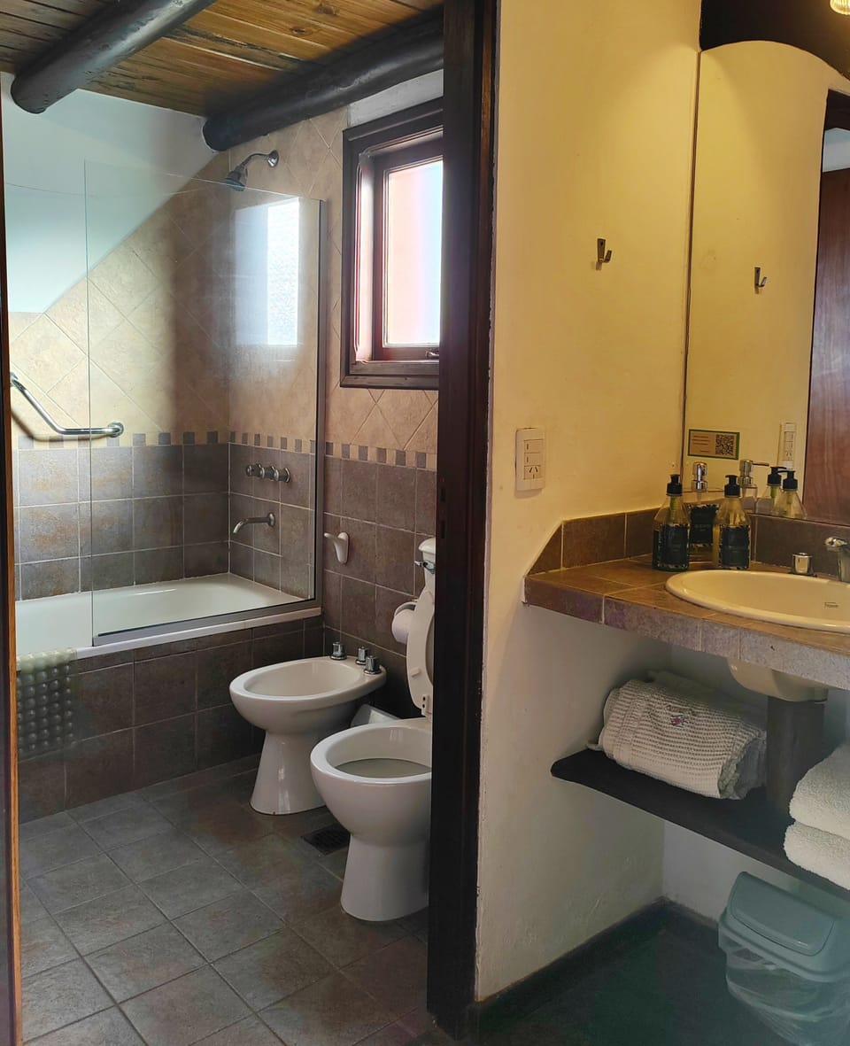 Combined shower/tub, free toiletries, hair dryer, bathrobes