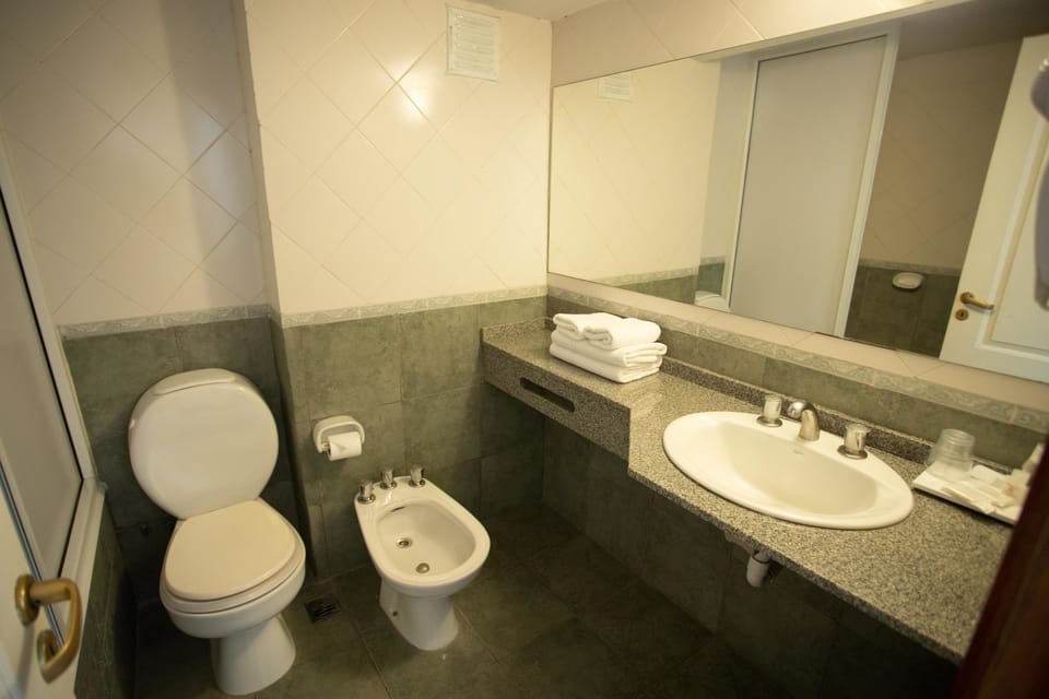 Combined shower/tub, hair dryer, soap, shampoo