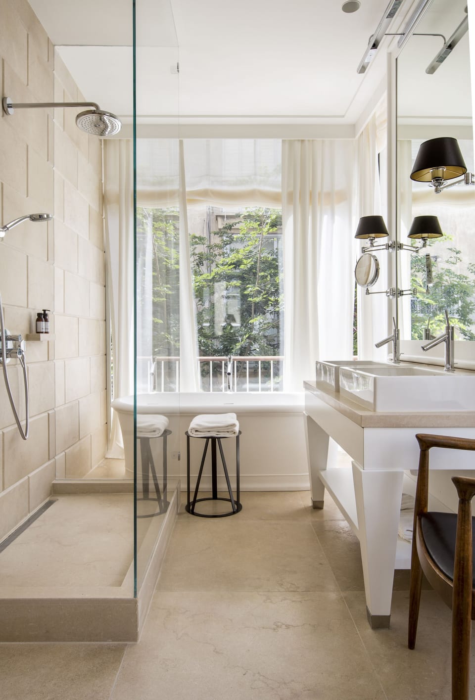 Shower, designer toiletries, hair dryer, bathrobes