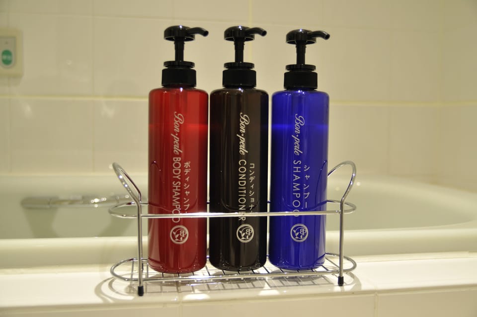 Combined shower/tub, free toiletries, hair dryer, slippers