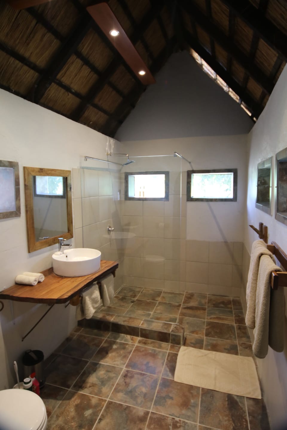 Shower, eco-friendly toiletries, towels, soap