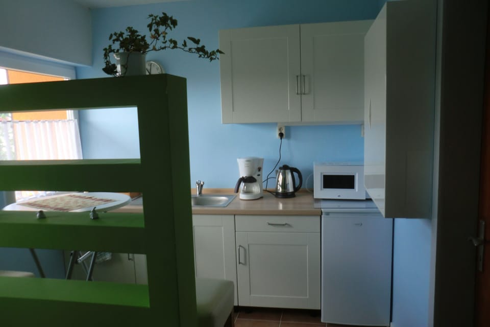 Fridge, microwave, coffee/tea maker, electric kettle