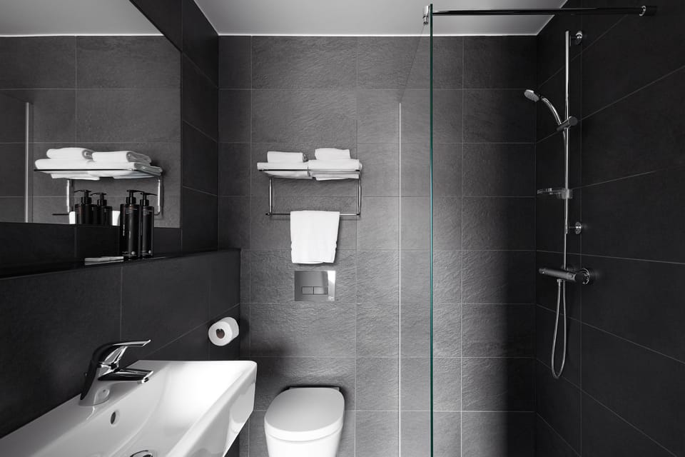 Shower, free toiletries, hair dryer, towels
