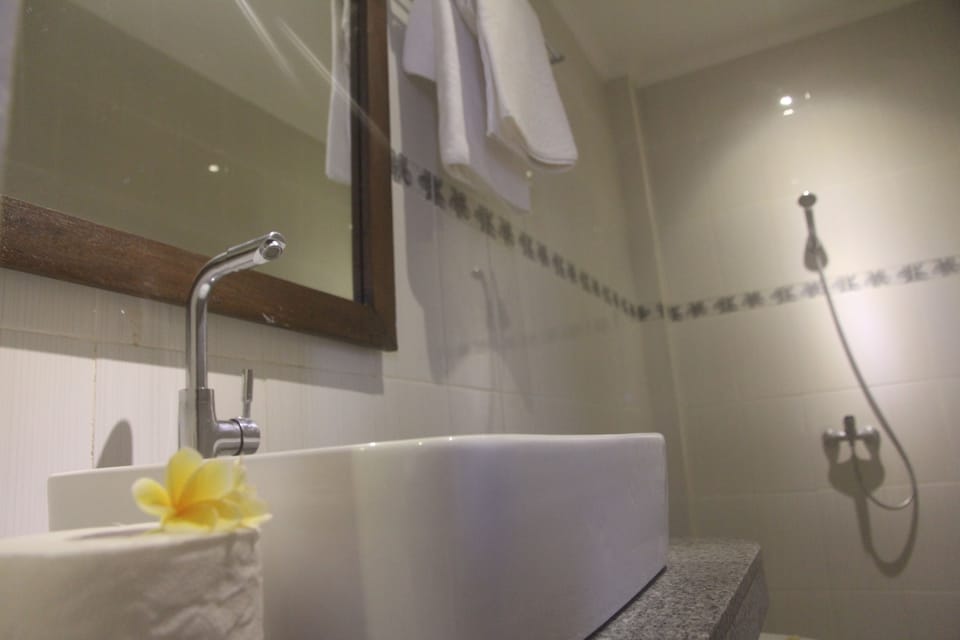 Shower, free toiletries, towels
