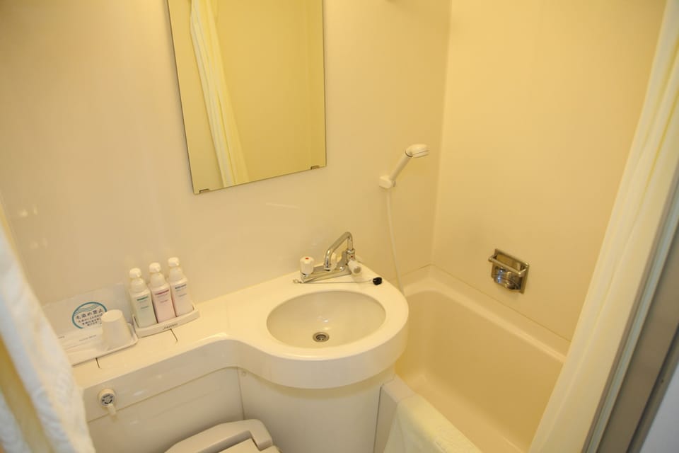 Combined shower/tub, free toiletries, hair dryer, slippers