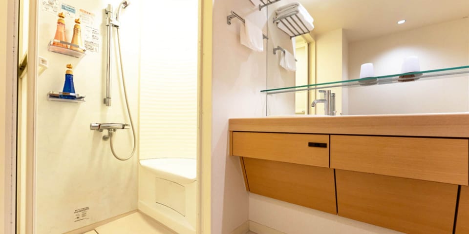 Combined shower/tub, free toiletries, hair dryer, slippers