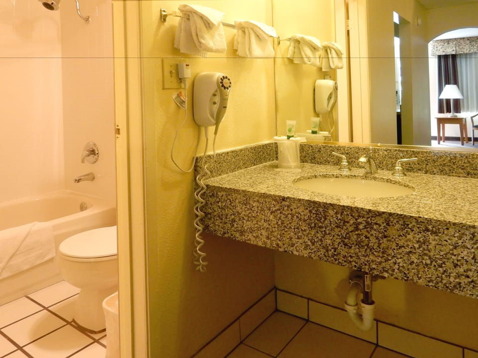 Combined shower/tub, eco-friendly toiletries, hair dryer, towels
